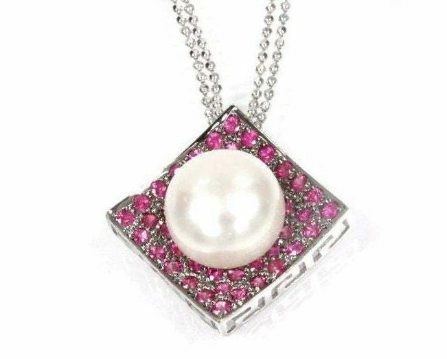 Collar de oro blanco de 14 k de perlas blancas cultivadas y zafiro rosa natural de 11 mm de 17" Foto 1 de 1