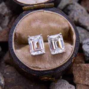 2Ct Emerald Cut Lab Created Diamond Solitaire Stud Earrings 14K White Gold Over - Picture 1 of 4