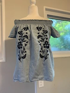 womens Love Tree M Boho off shoulder embroidered floral top chambray blue - Picture 1 of 9