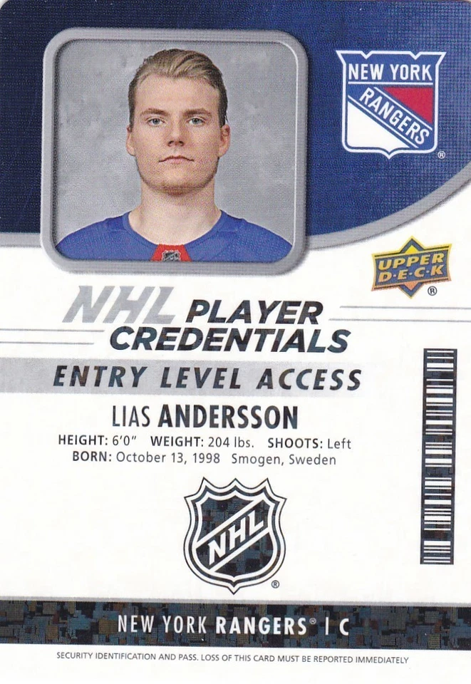 LIAS ANDERSSON 2018-19 18-19 UPPER DECK MVP NHL PLAYER CREDENTIALS #LA RANGERS - Image 1 of 1