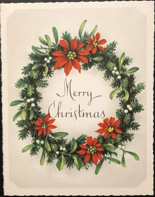 Vtg Christmas Greeting Card Beautiful Wreath Pine Mistletoe Poinsettia CRESTWICK - Image 1 of 2