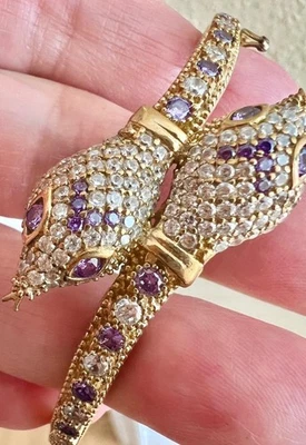 Brazalete de serpiente de doble cabeza de diamante genuino 925 en oro de 14K amatista real Foto 1 de 4