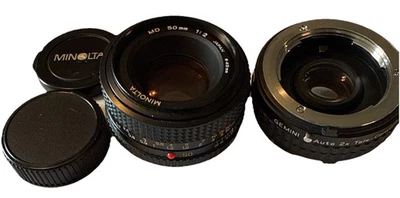 LENTE MINOLTA MD 50MM F1.2 1:2 Excelente Estado Con 2x Teleconvertidor y Tapas Foto 1 de 4