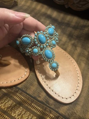 Sandalias de Tanga MYSTIQUE Azul Turquesa Estrás Cristal Cuero Abatibles Talla 7 Foto 1 de 4