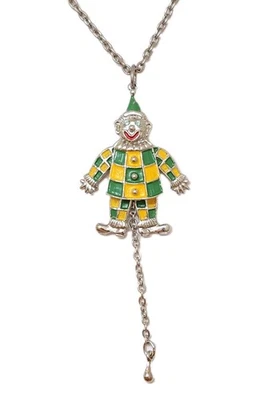 Vintage JJ Jonette Signed Articulated Clown Jester Pendant Silver Chain Necklace - Image 1 of 4