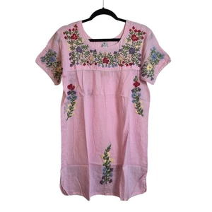RAJ Pink Embroidered Floral Peasant Dress Small Bohemian Tunic Top Short Sleeve - Picture 1 of 15