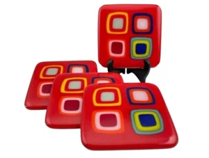 Set of Four Signed Terry Hart Fused Art Glass Coasters – Modernist Design - Picture 1 of 13