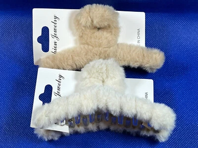 Ivory  & Tan Faux Fur Fuzzy Hair Accessory Hair Jaw Claw Clip Hair Tie Set Of 2 - Image 1 of 3