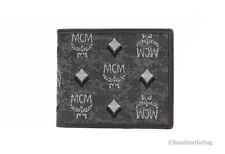 MCM Aren Pequeno Cinza Escuro Denim Canvas Couro Monograma Logo Bifold Carteira