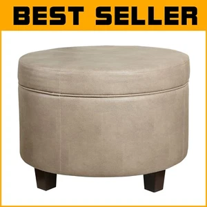 Versatile Round Faux Leather Ottoman with Lift-Off Top for Smart Storage - Taupe - Picture 1 of 10