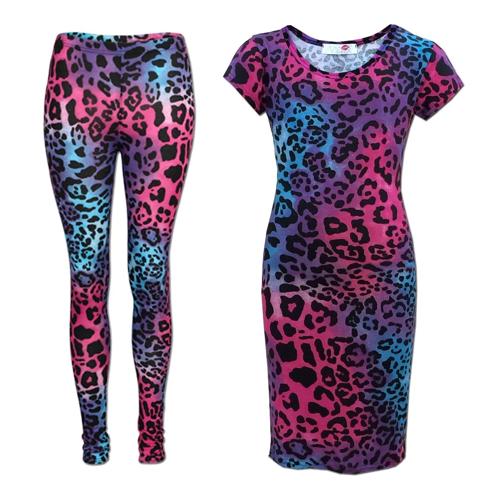 A2Z 4 KIDS® Kinder Mädchen Midikleid Multi Leopardenmuster Party Mode Leggings Alter 7-13 Jahre