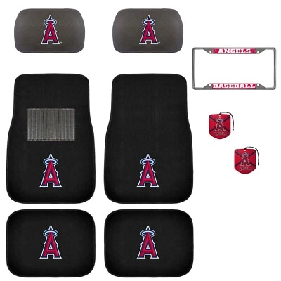MLB 9PC Angels Car Floor Mats License Plate Frame Headrest Covers Air Fresher - Image 1 of 4