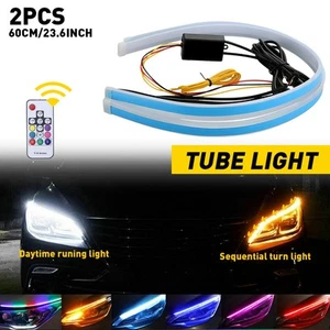 2/4x 60CM RGB Sequential Flexible Slim LED DRL Signal Turn Strip Remote Headligh - Picture 1 of 27