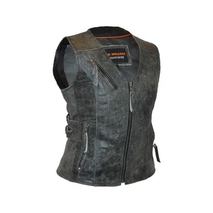 Gilet da moto da donna grigio invecchiato in pelle premium nascosto - Foto 1 di 13