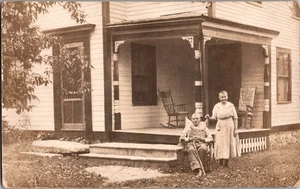 Vintage Postcard RPPC Man With Cane In Rocking Chair Woman Porch House JT15 - Picture 1 of 2