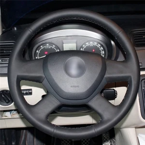 Black Genuine Leather Car Steering Wheel Cover for Skoda Octavia 2014 Fabia - Picture 1 of 12