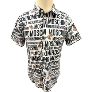 Authentic MOSCHINO Boys Size 8 / 10 EUR 140 Logo Print Short Sleeve Button Shirt - Picture 1 of 15