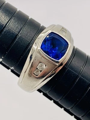Anillo de plata esterlina con acento de zafiro azul y blanco marcado 925 talla: 10,5 para hombre” Foto 1 de 4