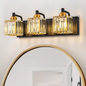 Orillia 18.7 in. 3-Light Black Gold Bathroom Vanity Light with Crystal Shades - Picture 1 of 12