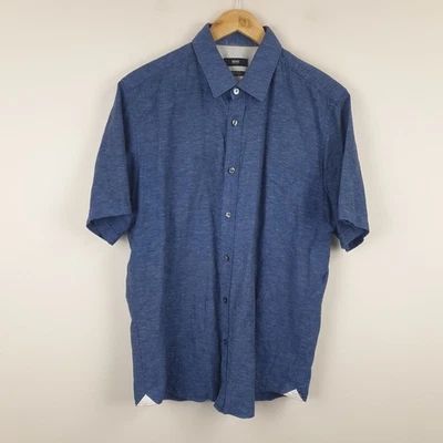 Hugo Boss Lukas Shirt Mens Large Blue Button Up Linen Cotton Blend - Image 1 of 4