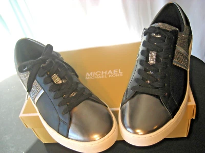 全新带盒 Michael Kors 运动鞋 Keaton 条纹闪光链网眼黑色银色领带 8M — 第 1/4 张图片