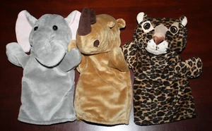 LOT OF 3 RESTORATION HARDWARE PLUSH HAND PUPPETS ELEPHANT RHINOCEROS & LEOPARD - Picture 1 of 3
