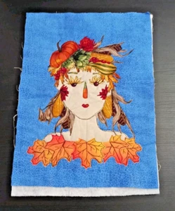 Quilt Block Machine Embroidered Autumn Scarecrow Lady 13"x18" - Picture 1 of 17