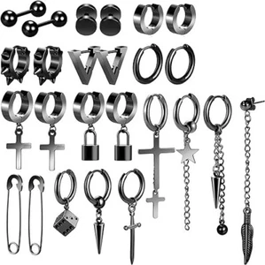 28 Pcs.de Aretes Tipo Argolla Acero Inoxidable Stud Negro Set Para Los Hombres - Picture 1 of 15