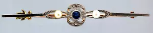 Antique Circa 1905 - 18k Gold 7-Stone Sapphire Pearl & Diamond Scroll Bar Brooch - Picture 1 of 5
