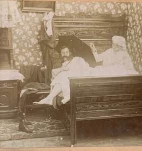 Antique Photo Stereoview Comedy ~  Man Sneaking Into Bed, Upset Wife - Picture 1 of 4