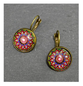 Vintage Brisur Earrings Cabochon Round Glass Stone Copper Mandala Colourful Boho - Picture 1 of 1