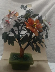Vintage chinesischer Mineralbaum Jade Rosenquarz Achat Blätter Blumen Wohndeko Bonsai - Bild 1 von 12