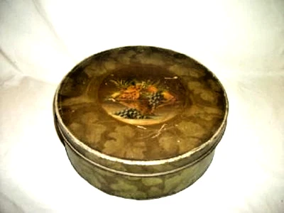 Antique Primitive Tin Pantry Box Fruit Lithograph Shadow Leaves Art Deco Cookies - Image 1 of 4