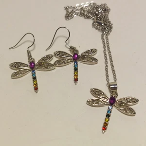 Silberfarbene Libelle mit Regenbogen Chakra Strass Halskette Ohrringe Set - Bild 1 von 10