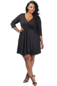 Schwarzes Wildleder wie Mikrofaser Mini Faux Wickel Flare Kleid mit Krawatte Large, XL, 2XL - Bild 1 von 4