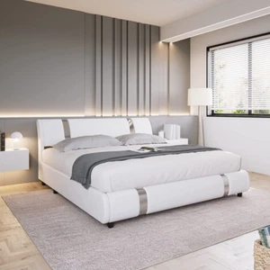 Marco De Cama Con Plataforma King Colchon Cuero Sintetico Moderno Cabecero Curvo - Picture 1 of 11