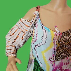 SACRED THREADS M Cold Shoulder Shirt Blumen PATCHWORK Viskose Hippie Artsy Boho T37 - Bild 1 von 11