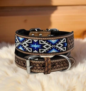 Western Leather Beaded Handmade Pet Dog Collar Heavy Duty Hand Tooled Adjustable - Picture 1 of 9