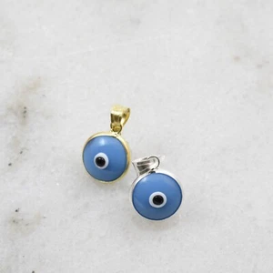 Evil Eye Greek Turkish 925 Sterling Silver Blue Gold Round Pendant Charm - Picture 1 of 3
