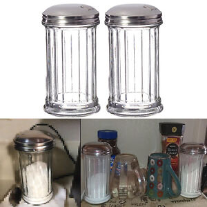 Classic Retro Sugar Dispenser 12oz Pourer Shaker Glass Jar Thick Heavy Duty 2 Pc