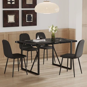 5PCS Table & Chair Set Modern Black Marble Pattern Dining Table with 4 PU Chairs - Picture 1 of 15