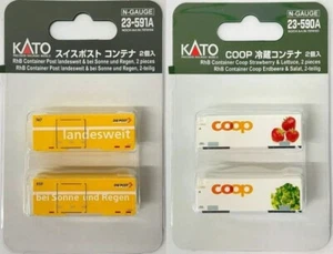 KATO N scale RhB Swiss Post yellow containers & COOP Refrigerated Containers NEW - Picture 1 of 3