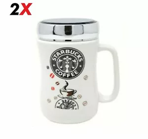 SET OF 2 STARBUCKS TRAVEL MUG CERAMIC COFFEE TEA CUP LID WORK HOT COLD DRINKS UK - Picture 1 of 10