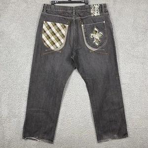 Coogi 42 x 35 Plaid Fleur de lis Pockets Black Faded Jeans Hip Hop Streetwear - Picture 1 of 12