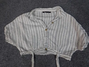 Zara Womens Blouse Small Gray striped button up crop top classic casual - Picture 1 of 10