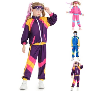 Kids Girl 80s Costume Boys Child Tracksuit 1980s Party Disco Dance Sportswear - Picture 1 of 15
