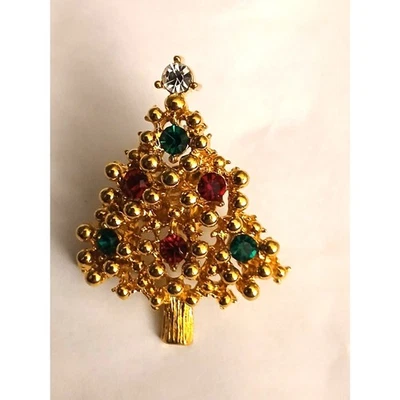 复古雅芳 1989 年金色宝石圣诞树翻领胸针胸针 1.5 — 第 1/4 张图片