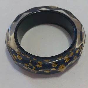 Vintage Blue Gold Ink Blot Pattern Chunky Faceted Resin Bangle Bracelet - Picture 1 of 7