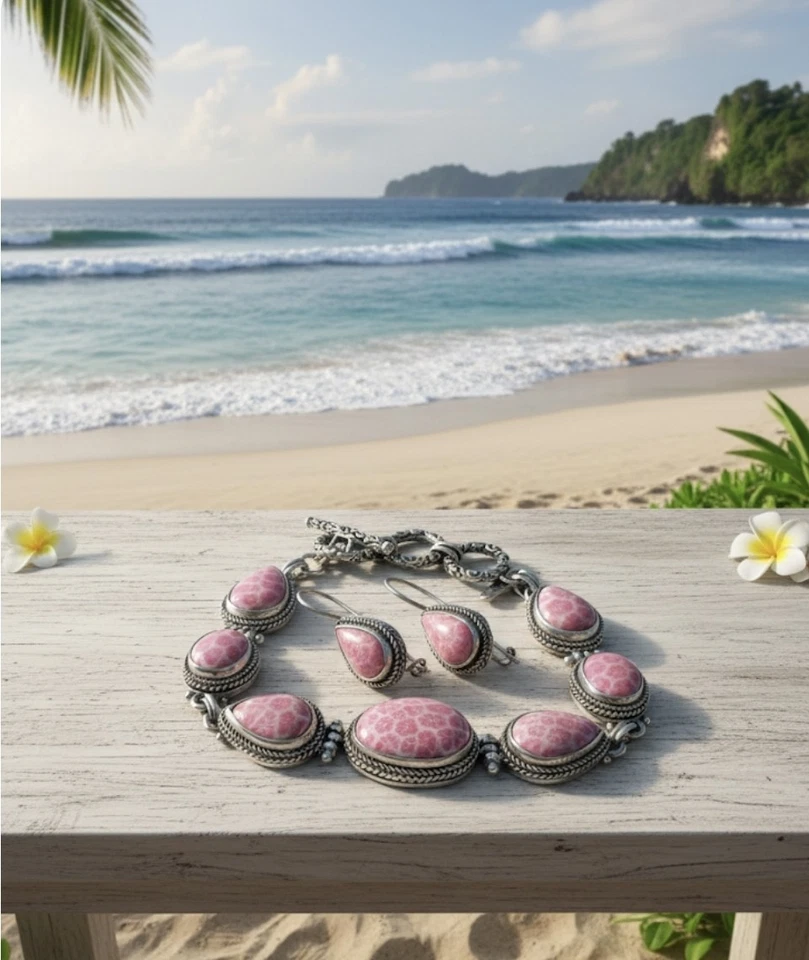 SARDA Artesanal de Bali Rosa Fosilizado Coral Pulsera, Juego de Pendientes, 925SS Foto 1 de 4