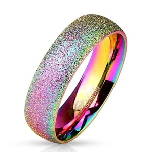 Anello Acciaio Inox Gay Pride Finitura Arcobaleno Sabbia Esplosione Fascia Matrimonio LGBTQ - Foto 1 di 2